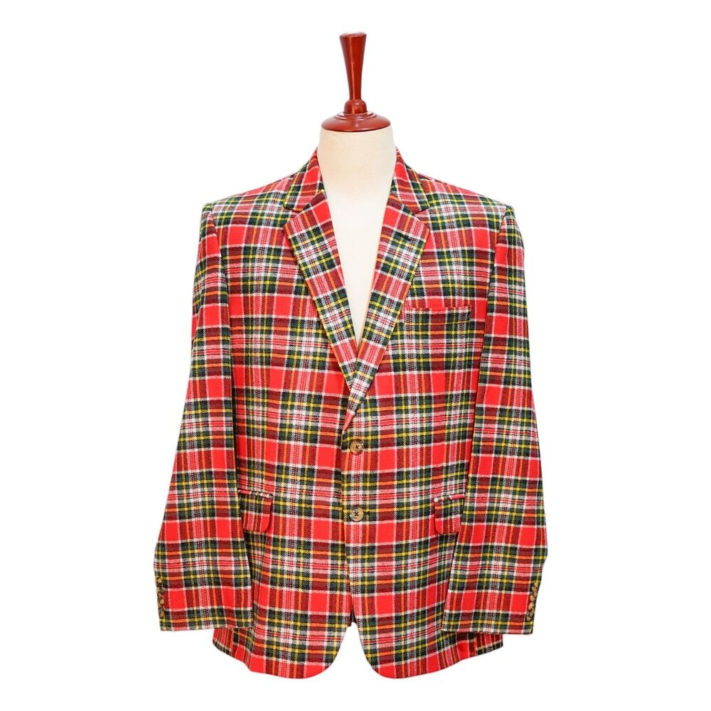 Mens Lambswool Sport Coat 44R Red Green Tartan Plaid Blazer 2 Button Heritage